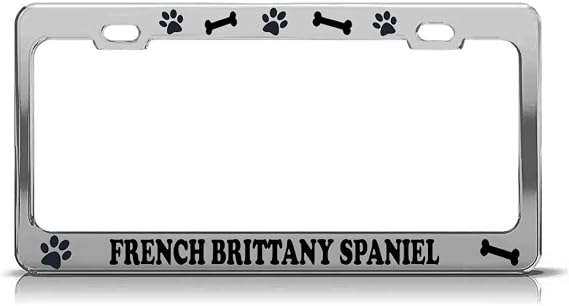 French Brittany Spaniel Dog Paw Print License Plate Frame Tag Chrome