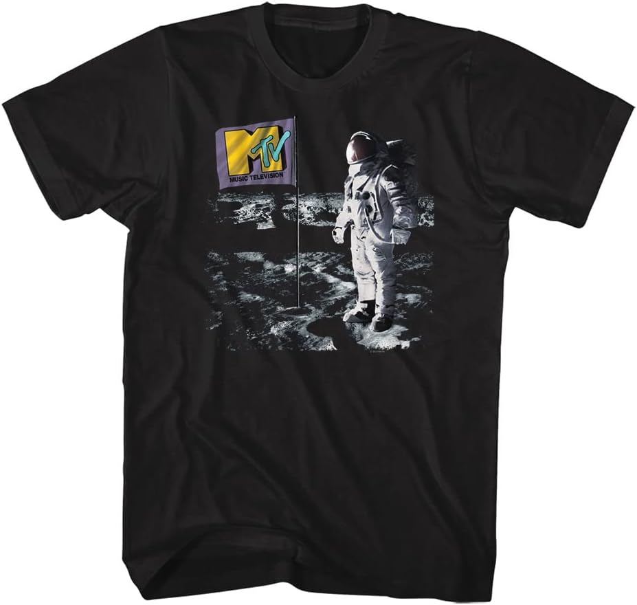 MTV 80s Music Television MTV Logo Flag On The Moon Adult Short Sleeve T-Shirts Graphic Tees