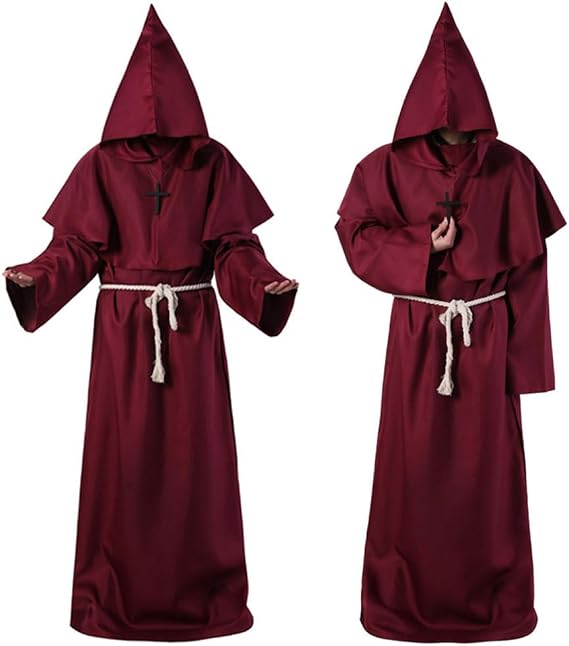 Men Medieval Friar Mystic Robe Renaissance Monk Wizard Priest Hooded Cloak Knight Gothic Cosplay Halloween Costume