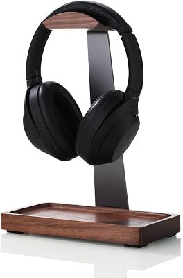 NIRVASH Walnut Headphone Stand, Wooden Headset Stand for Desk, Wood Gaming Headphone Holder with Storage Base for Airpod max, Bose, Razer, Sennheiser, Jabra, JBL, AKG, Vintage Gift for Men