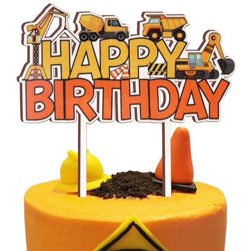 Construction Happy Birthday Wooden Cake Topper Engineering Vehicle Cake Pick, Truck Excavator Forklift Themed Birthday Party Decorations Supplies