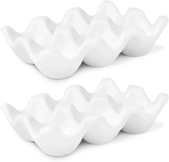 Flexzion Ceramic Egg Holder for Fridge, 12 Cup Porcelain Egg Tray, White