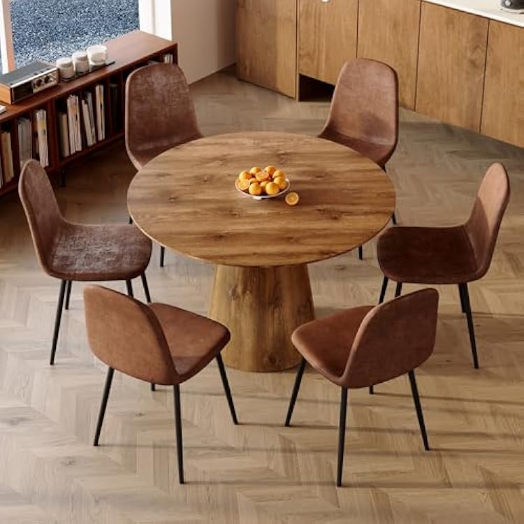 Round Dining Table Set for 6,45 Farmhouse Dining Room Table Set for 6 with Suede Chairs,1 Thick Wood Pattern Tabletop with Conical Base,7 Pieces Kitchen Table Set for Dining Room,Apartment