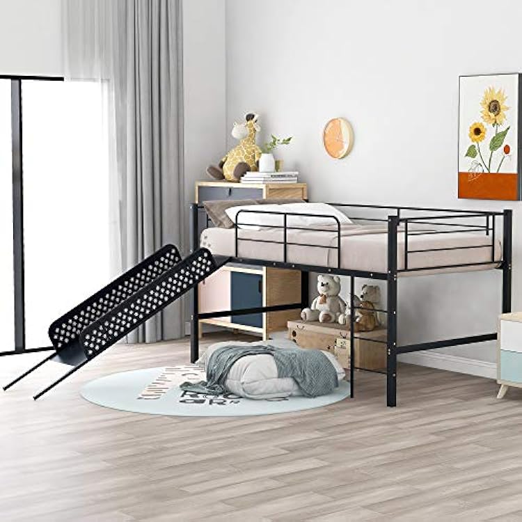 Loft Bed, Metal Bed Frame,Twin Metal Loft Bed with Slide, Multifunctional Design for Kids Bedroom