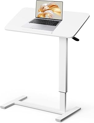 Mobile Standing Desk Portable Pneumatic Laptop Rolling Cart Adjustable Height, Tiltable Overbed Table Sit Stand Computer Workstations for Home Office wWheels Flat Desk 32, White