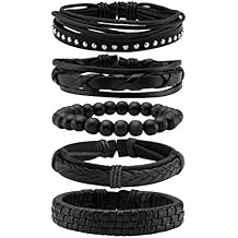 MILAKOO Braided Black Leather Bracelet for Men and Women Wooden Beads Bracelet Adjustable