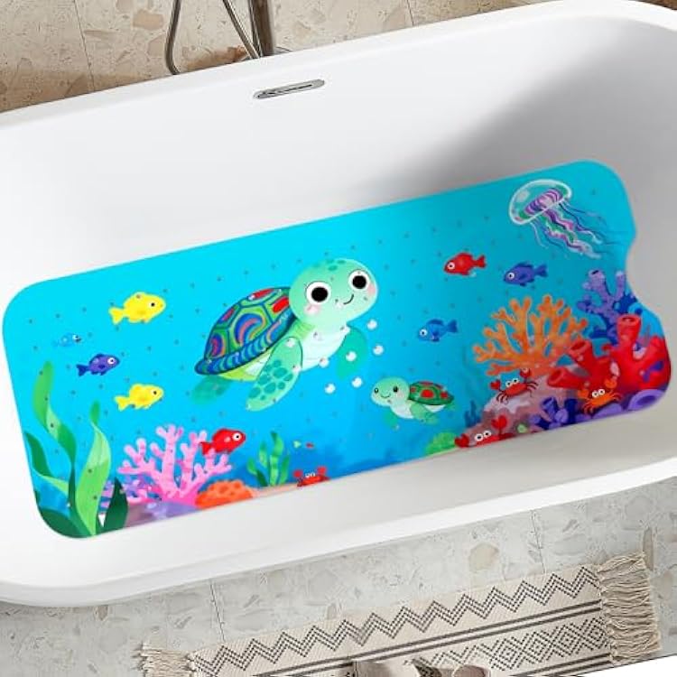 Bath Mat for Tub, Bathtub Mat for Kids Adults, Anti Slip, 40x16 Extra Long, Suction Cup for Strong Grip, Eco Friendly, Easy Clean,Under The Sea Design Light Blue
