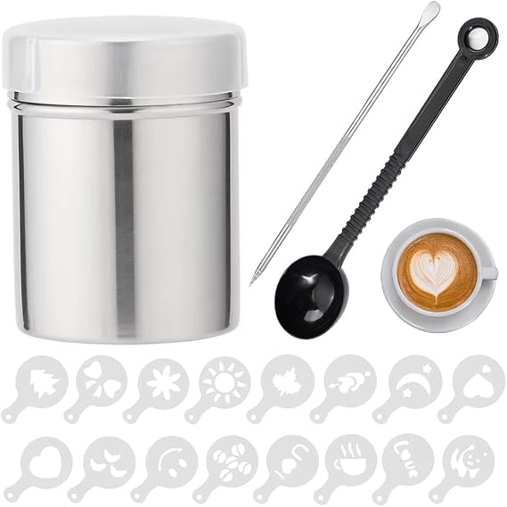 Coffee Sprinkles Powder Set, Chocolate Shaker with Lid | 16 Coffee Stencils, Coffee Art Pull Pin, Measuring Spoon for Drink Baking Cooking Cappuccino Coffee Latte