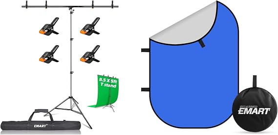 EMART 8.5 x 5ft Portable T-Shape Backdrop Stand Kit with Adjustable Frame, 4 Spring Clamps & Carry Bag and 5 X 6.5ft Blue/Grey Screen 2 in 1 Pop Up Collapsible Reversible Chromakey Portable Backdrops