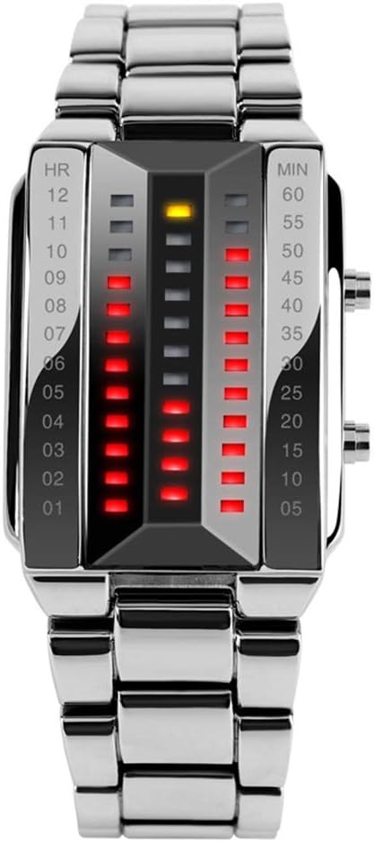 Mens and Womens Binary Watches Silver Stainless Steel Watches LED Digital Light Rectangle Dial Unique Fashion Style Wristwatches Date