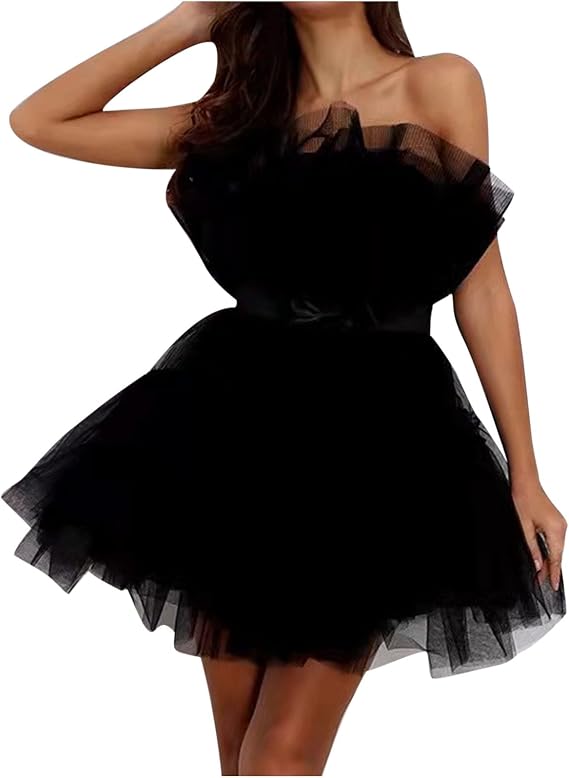 Tulle Dress for Women Sexy Tube Top Sleeveless Puffy Short Dresses Solid Mesh Bow Tie Elegant Princess Party Dress