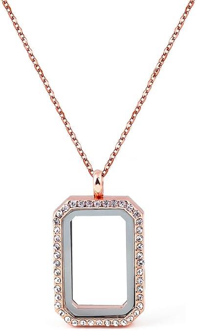 Rhinestone Border Dog Tag Pendant Floating Locket Necklace for Women