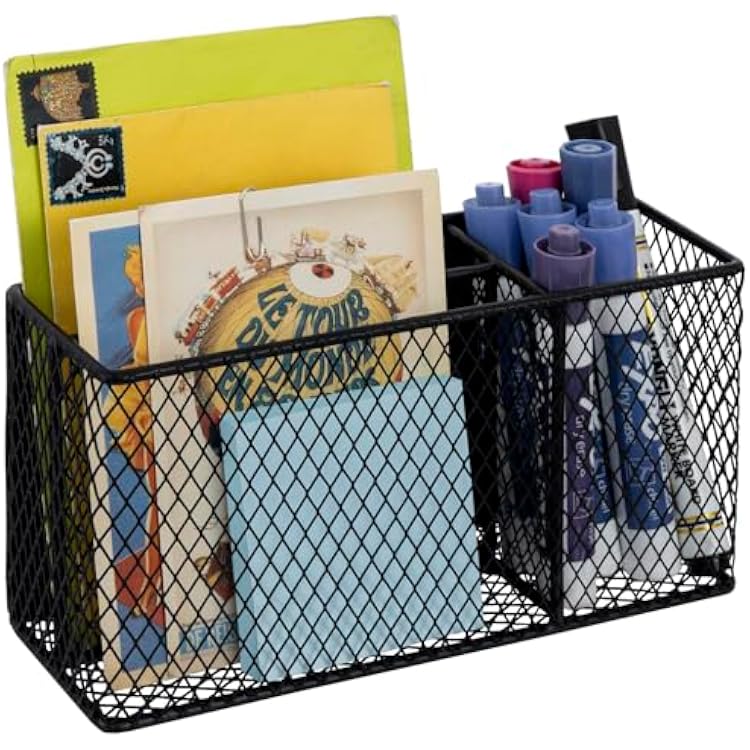 MyGift 3 Compartment Modern Magnetic Matte Black Metal Mesh White Board Supply Caddy, Locker Storage Basket and Office Stationery Organizer with Pen Cup