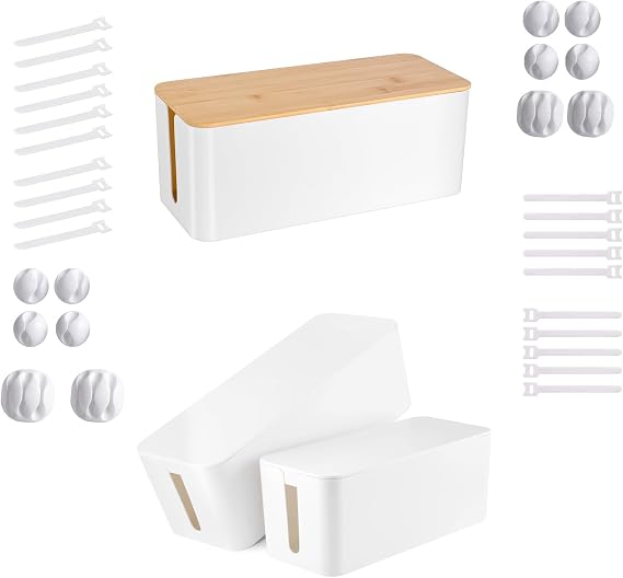 Cable Management Box - White Wooden Style Large Cord Organizer Box to Hide Wires & 2 Pack Large & Medium Cable Organizer Box with 17 PCS Cable Management Set