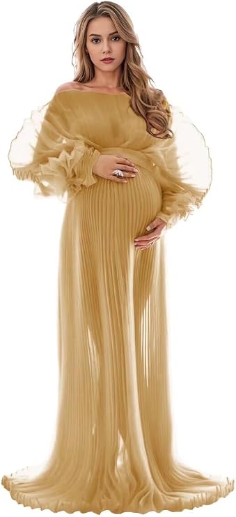 Changuan Puffy Ruffle Maternity Dress for Photoshoot Long Sheer Lingerie Pregnancy Gowns Baby Shower Dress Photography ZFPZ02