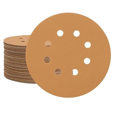 5 Inch 8 Hole Sanding Discs Hook and Loop, 50 PCS 320 Grit Sand Paper Disc for Random Orbital Sander, Gold Sandpaper Pads for Automotive and Woodworking
