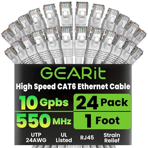 GEARit Cat 6 Ethernet Cable 24-Pack 1 Foot Cat6 Network Patch, 10Gbps, RJ45, Snagless Cord, Gold-Plated Connectors, Internet for PC, TV, Tablet, Router, Printer, Servers, IT Data Center - White