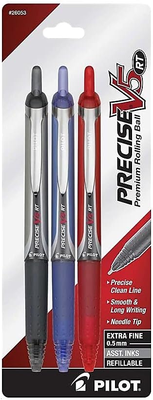 PILOT Precise V5 RT Refillable & Retractable Liquid Ink Rolling Ball Pens, Extra Fine Point (0.5mm) Black/Blue/Red Inks, 3-Pack (26053)
