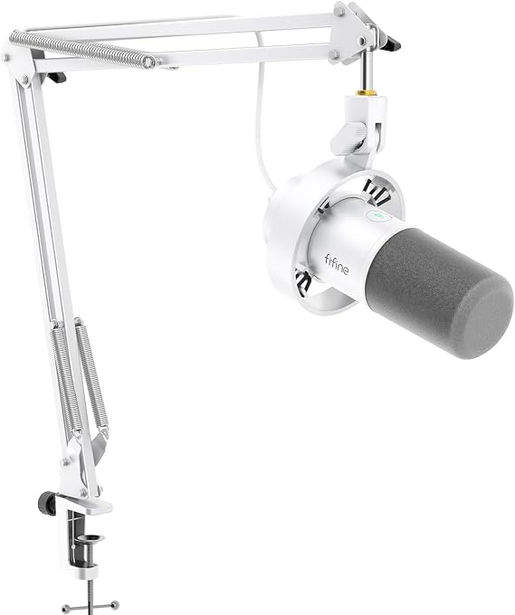 FIFINE K688CTW White Podcast Microphone Kit | Dynamic Mic with Boom Arm, XLR/USB Ports for PC, Audio Mixer. Gaming Mic with Headphone Jack for Vocal, Music Recording.