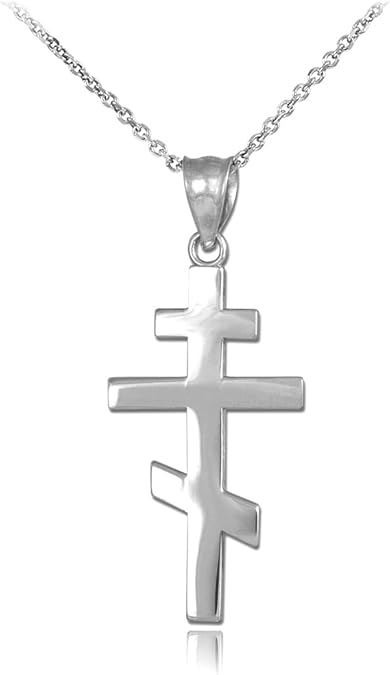 14k White Gold Plain Russian Orthodox Cross Pendant Necklace, 16"