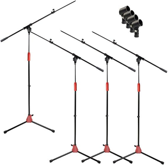 GRIFFIN 4 Pack Tripod Microphone Boom Stands (StageLOCK Series) Folding Legs, Telescoping Arm & Mic Clip for Studio, Karaoke, Live Recording