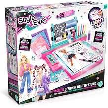 Style 4 Ever Fashion Designer Light Up Studio, Design Dream Outfits from Scratch, LED Drawing Pad, DIY Fashion Design Kit for Kids 6+ Real Fabrics, Stickers & Gems Included