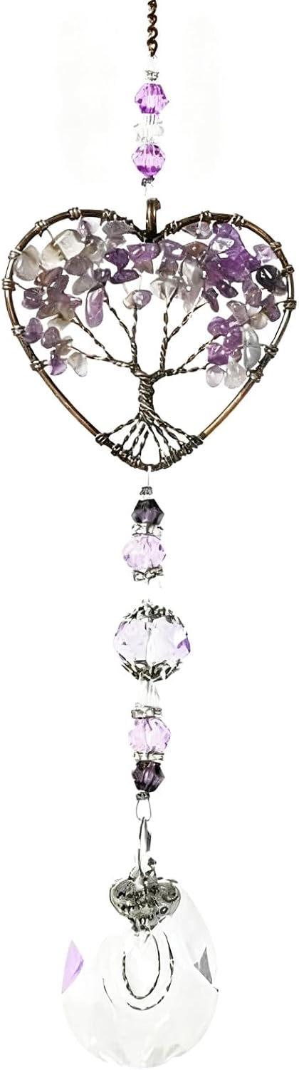 Amethyst Sun Catcher, Purple Tree of Life Sun Catchers for Windows, Natural Chakra Healing Crystal Windows Decor, Heart Shaped Crystal Hanging Ornament for Window, Home,Garden and Car Decoration