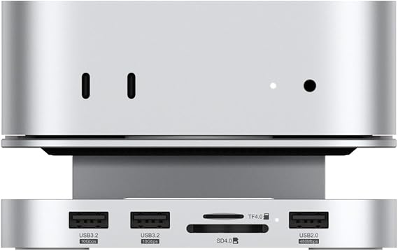Qwiizlab Aluminum Stand Hub with SSD Enclosure, Docking Station for Mac mini M4/M4 Pro, 2 USB-A 10Gbps, TF/SD 4.0 Card Readers 312MB/s, USB-A 2.0, Fits M.2 NVMe SSD up to 8TB (Silver)