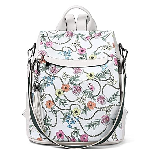 BROMEN Backpack Purse for Women Leather Anti Theft Travel Fashion Shoulder Bag Beige Floral