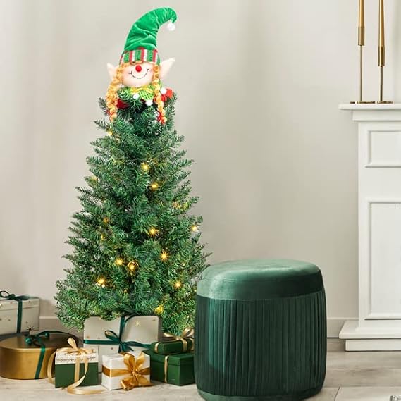 Artificial Slim Christmas Tree, Metal Stand Artificial Pine Tree Halloween Decorations with 129 Branch Tips, for Indoor Outdoor Christmas Party Holiday Decoration