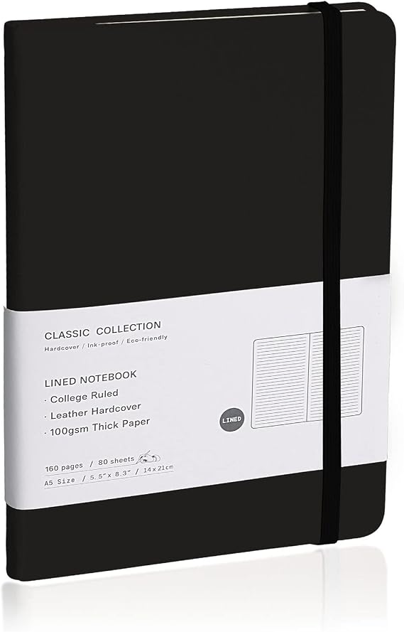 Lined Journal Notebook Hardcover Notebook for Men & Women Journals for Writing, Work, School, Home & Daily Notes, 160 Pages Medium A5, 5.7"x8", 100 gsm Thick Paper (Black)