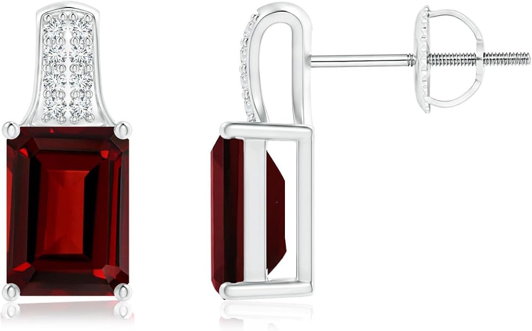 ANGARA Women's Stud Earrings in 14K Solid Gold/Sterling Silver | Emerald Cut Gemstone Studs with Diamond Accents | Birthday, Anniversary Gemstone Jewelry | Stone Size- 7x5 mm