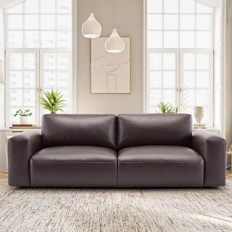 COLAMY 95 Oversized PU Leather Sofa, Comfy Sofa Couch with Extra Deep Seats, Wide Arm, Down Filled 3-Seater Modern Sofa for Living Room, Apartment Lounge-Chocolate
