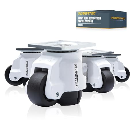 POWERTEC 17300 5 cm Tesviye Tekerleri 4'lü Set, Ayarlanabilir Cırcır Saplı Ağır Hizmet, Geri Çekilebilir