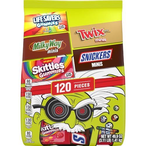 Snickers Minis, Skittles Gummies Fun Size, Life Savers Gummies Fun Size, Milky Way Minis & Twix Minis Milk Chocolate Halloween Candy And Gummy Halloween Candy Individually Wrapped Trick Or Treat Halloween Candy Variety Pack, 120 Ct Bulk Bag