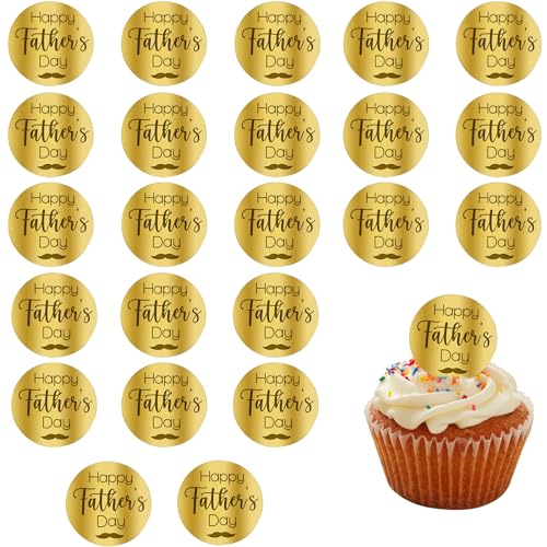 Happy Fathers Day Cupcake Toppers Acrylic 24pcs Gold Round Cake Toppers Engraved Topper Happy Fathers Day Birthday Party Decorations