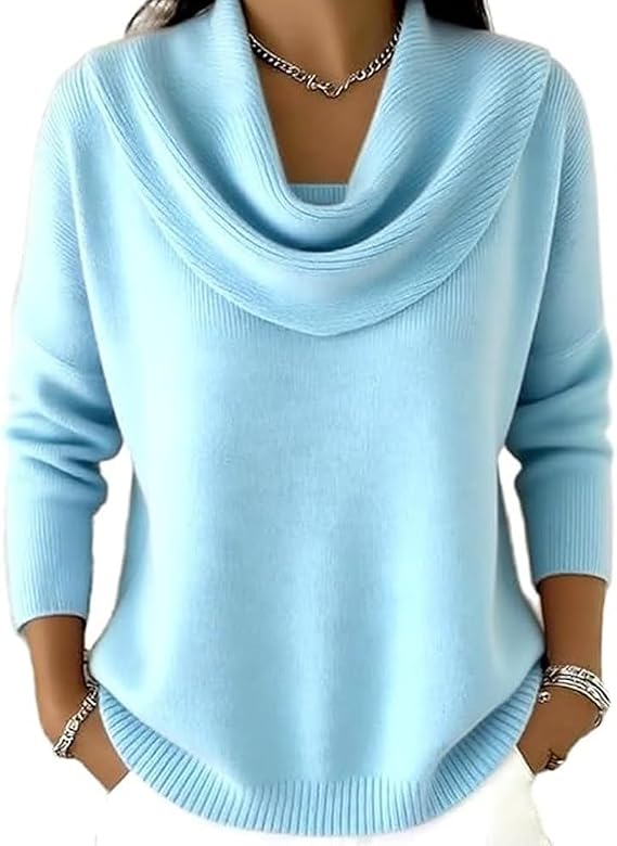 Elegant Retro Soft Triangle Neck Solid Color Sweater Top, Cozy Long Sleeve Knit Cowl Neck Sweater for Women
