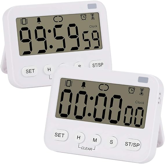 Stonylab 2pk Digital Timer Clock, 2 Pack Premium Multi-Function Digital Clock Countdown Timer Kitchen Event Timer with Alarm, Magnetic Back Big Digits Display Vibration/Flashlight/Sound Alarm