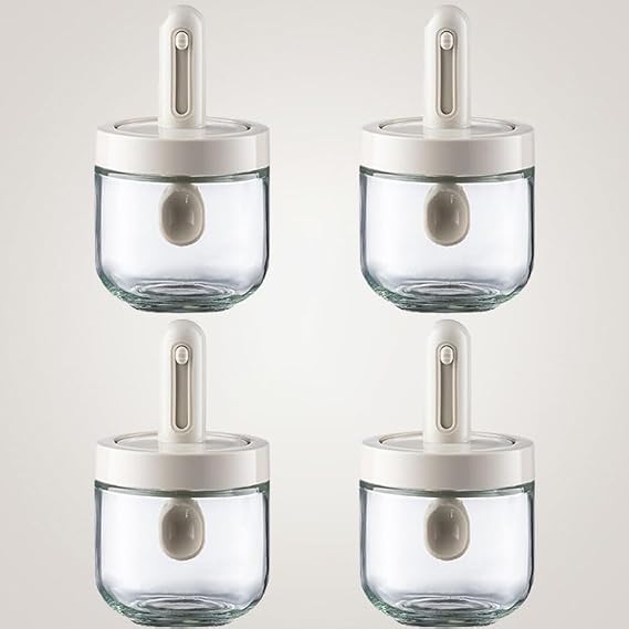 Dxcaicc 4pcs Telescopic Seasoning Jars,Spice Storage Glass Jar,Clear Containers with Lids,Multipurpose Seasoning Boxs with Telescopic Spoon,Kitchen Spice jar for Salt,Pepperr,Sugar,White