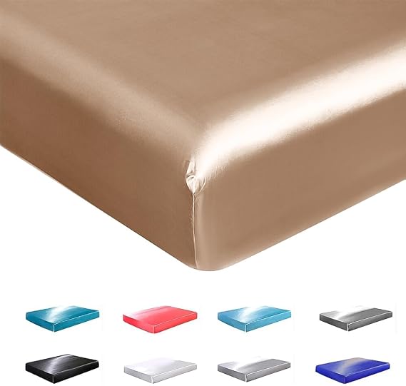 Satin Fitted Sheet Twin Size, Soft Deep Pocket Single Silk Bottom Bed Sheet, Bottom Sheet with Elastic Corner Straps, Snug Fit, Shrinkage, Fade Resistant, Fitted Sheet Only, Khaki
