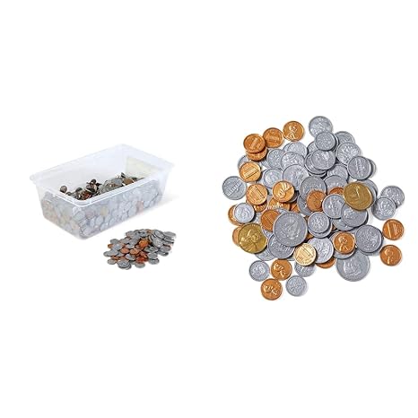 hand2mind-862 Play Money Plastic Coins with Plastic Storage Bin (Pack of 768) & 840A Assorted Plastic Realistic Coins, Set of 96