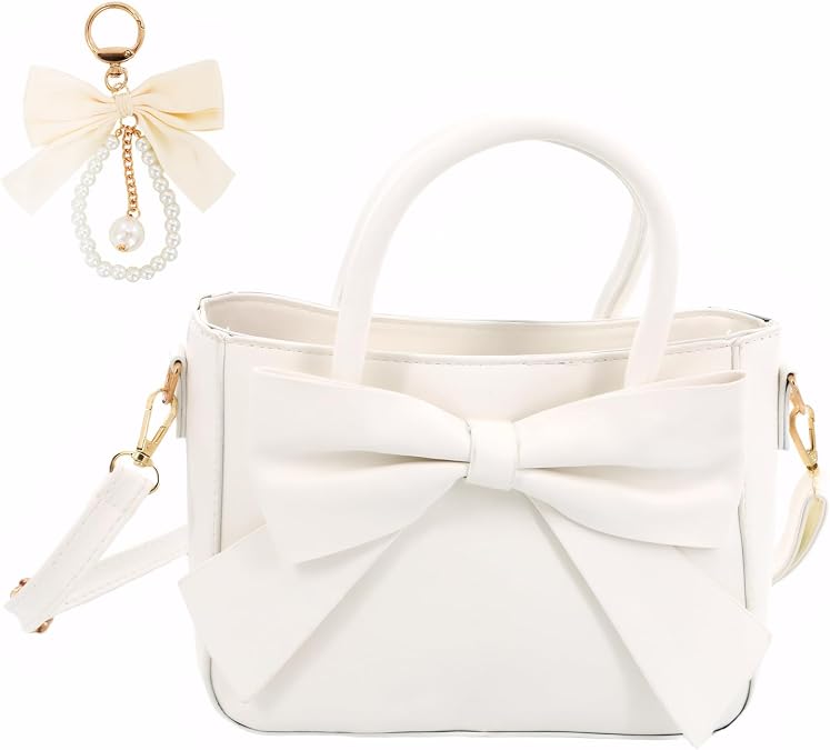 Coquette Purse, Women's Cute White Purse with Bow Charm, Soft Shopper Crossbody Satchel with Adjustable Shoulder Strap, Fashionable and Versatile