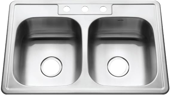 Houzer 3322-8BS3-1 Glowtone Series Topmount Stainless Steel 3-hole 50/50 Double Bowl Kitchen Sink, 8-Inch Deep