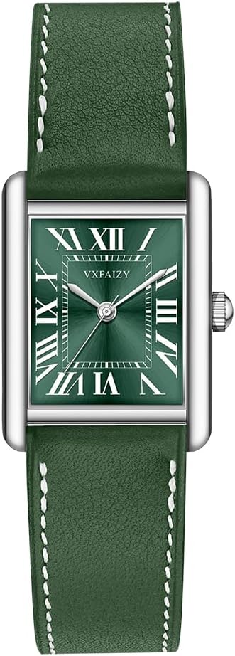 Rectangular Watch for Women with Vintage Roman Number and Leather Strap