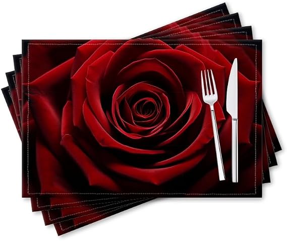 Washable Placemats Set of 4 for Dining Table, Rich Red Rose in Full Bloom Design on 12x18 Inch Cotton Linen, Easy-to-Clean Table Mats for Kitchen Decor
