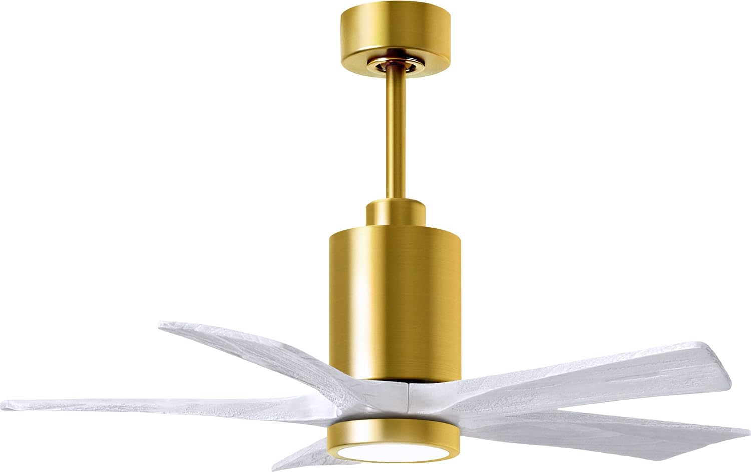Matthews PA5-BRBR-MWH-42 Patricia IndoorOutdoor Damp Rated 42 Ceiling Fan with LED Light and Wall & Remote Control, 5 Matte White Solid Wood Blades, Silent DC Motor, Brushed Brass