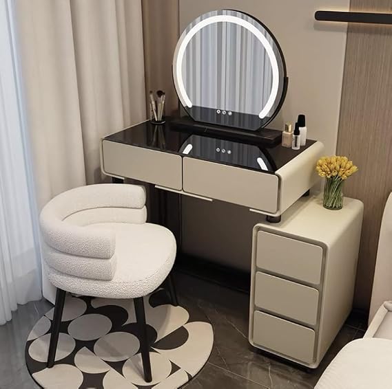 Small vanity desk with mirror and lights, Wooden Makeup Desk with Cushioned Stool, 3 Color Light Adjustable Brightness, Vanity Desk with Storage Cabinet, for Bedroom Small Space(Grey,80cm/31in)