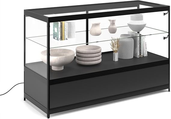 Displays2go 60 Inch Glass Showcase, Hidden Storage, LED Lights, Lockable Sliding Door - Black (IAPHV60LED)