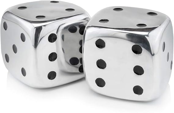 Dados Decorative Dice, Silver with Black Dots, Roll, Games, Tabletop, Centerpiece, Sculpture, Board Game, Set of 2, Square, 6" x 6" x 6"