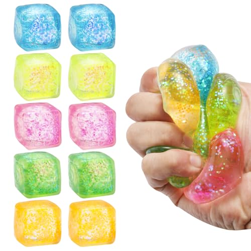 10 Pack Stress Cube Squishy Stress Balls for Adults Kids, Sensory Fidget Toys for Anxiety Stress Relief, Stretchy and Slow Rising Sparkling Malt Sugar Squeeze Toy for Boys Girls Party Favors